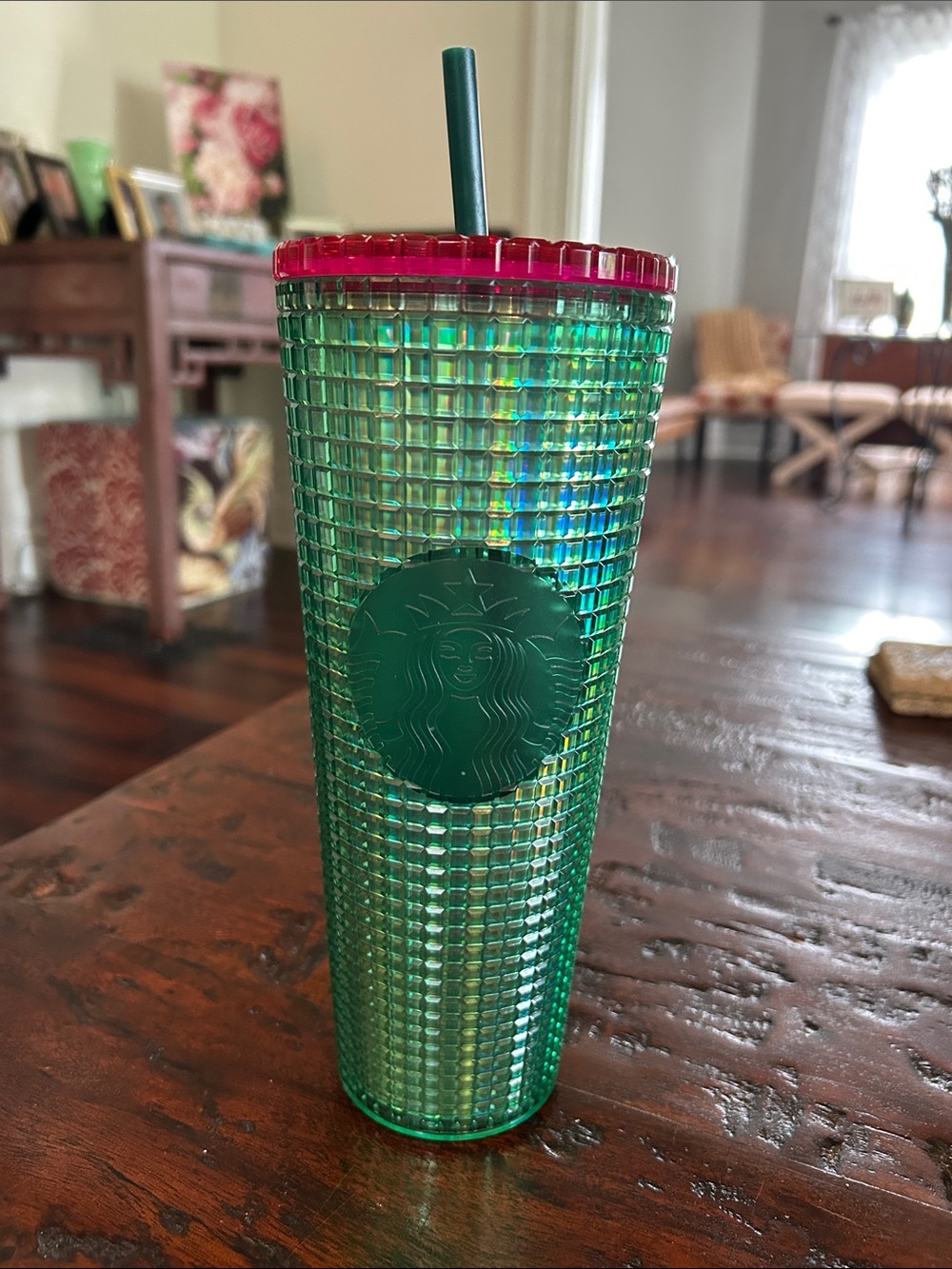 Starbucks Green Studded Tumbler with Pink Lid and Green Straw NWT